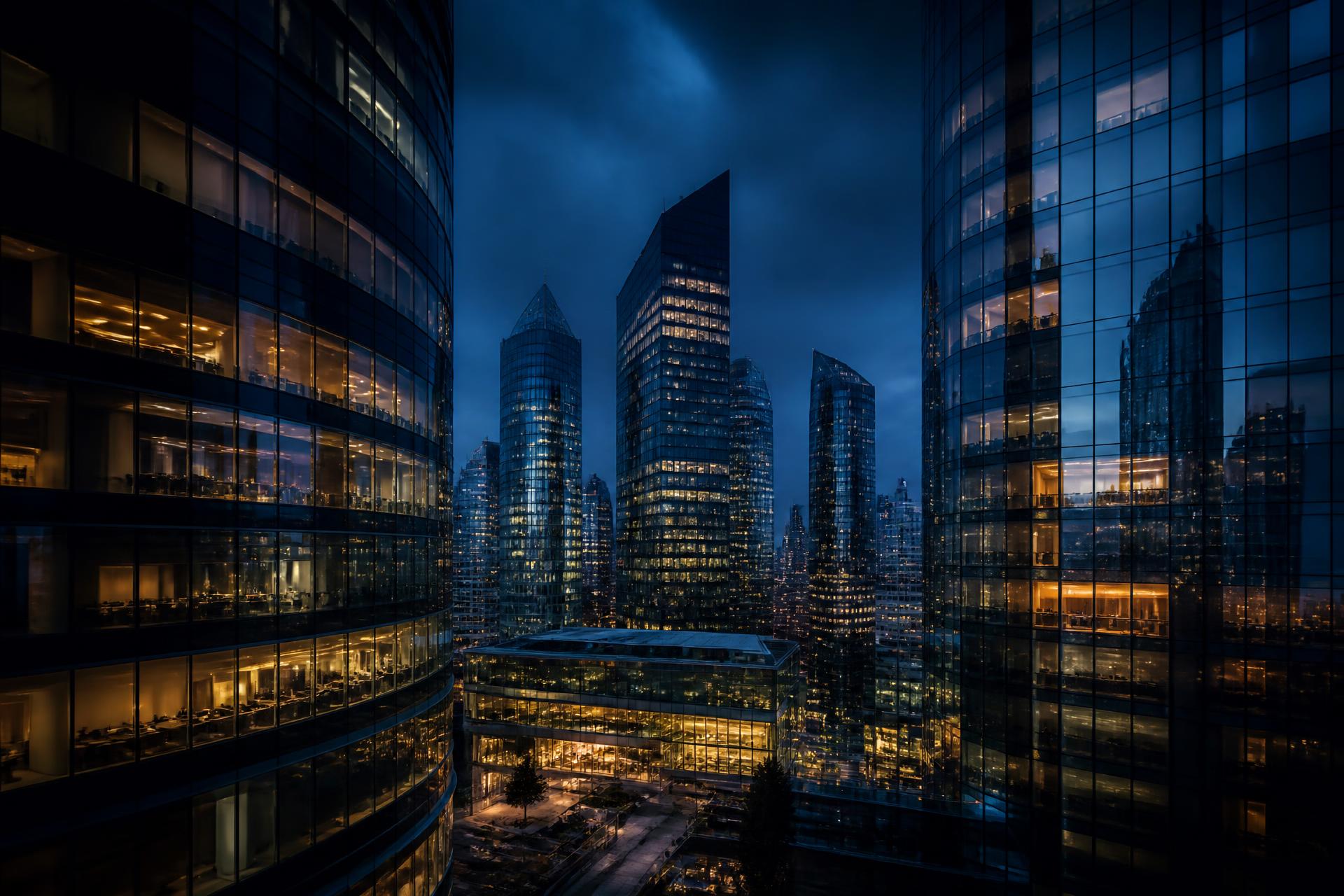 Centro financeiro com edifícios corporativos iluminados ao anoitecer
